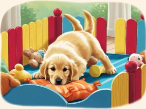Comfortable dog in a playpen